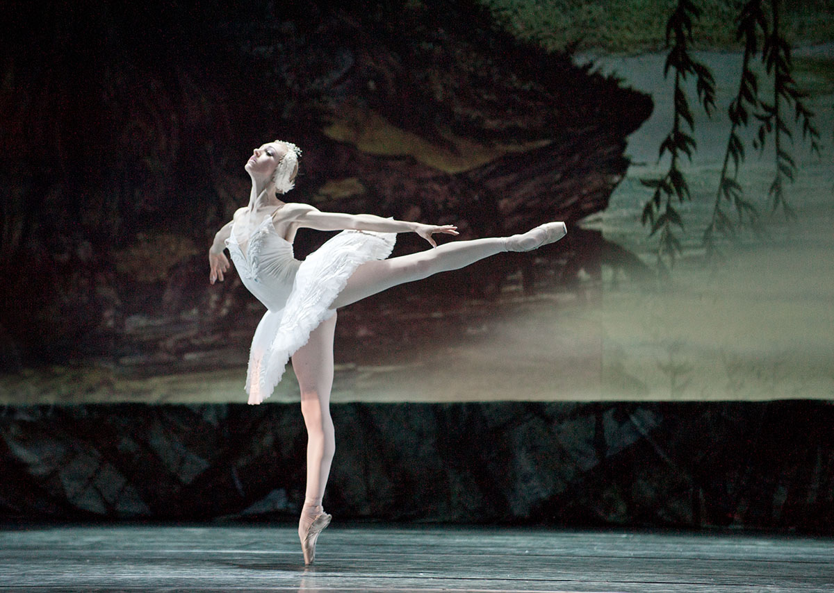 Ballerina on stage dancing in Swan Lake ballet performance
