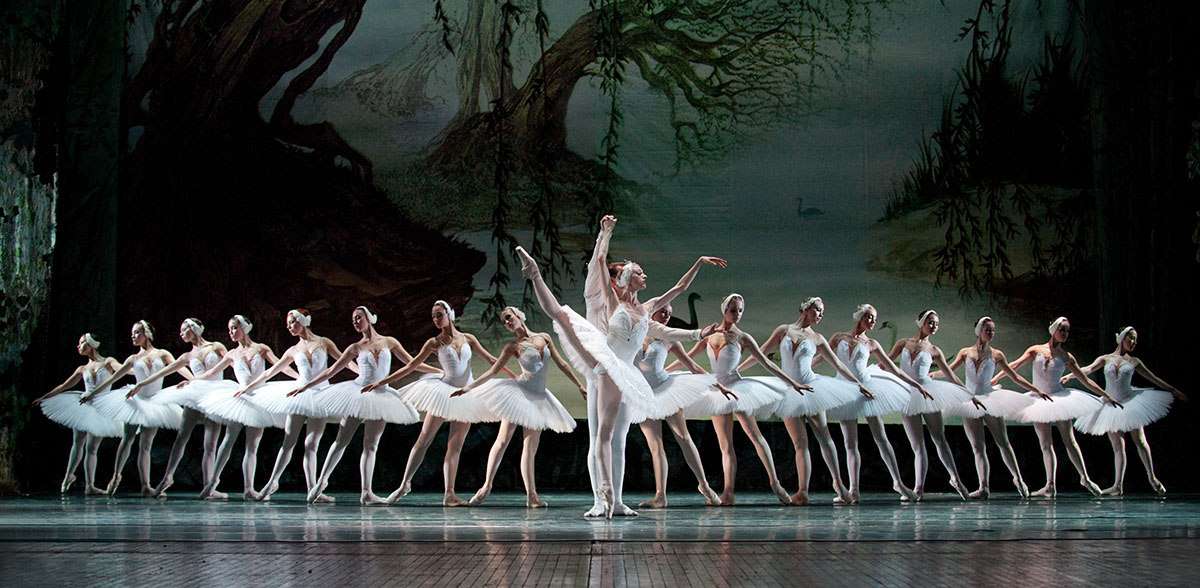 Leading ballerina dances on stage in Swan Lake ballet performance